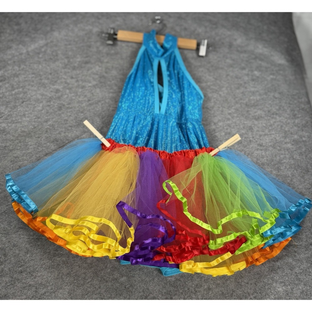 A Wish Come True Tuto Dance Costume Blue Lyrical Dress Rainbow Tulle Child L